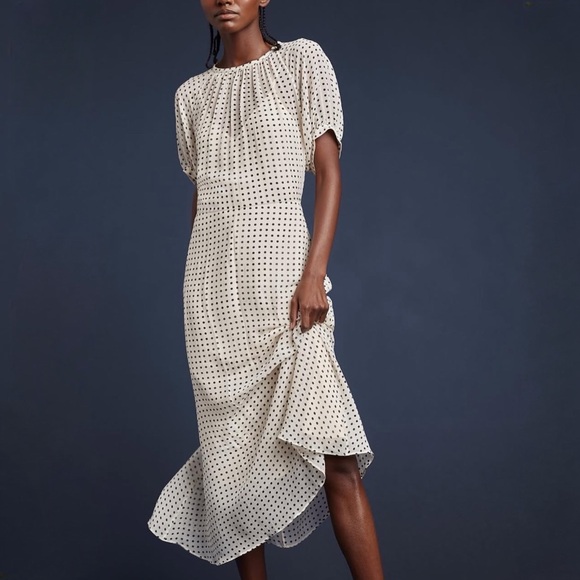 GOOP G Label sz 6 Thompson Puff-Sleeve Black Ivory Polka Dot Chiffon Midi Dress - Picture 1 of 8
